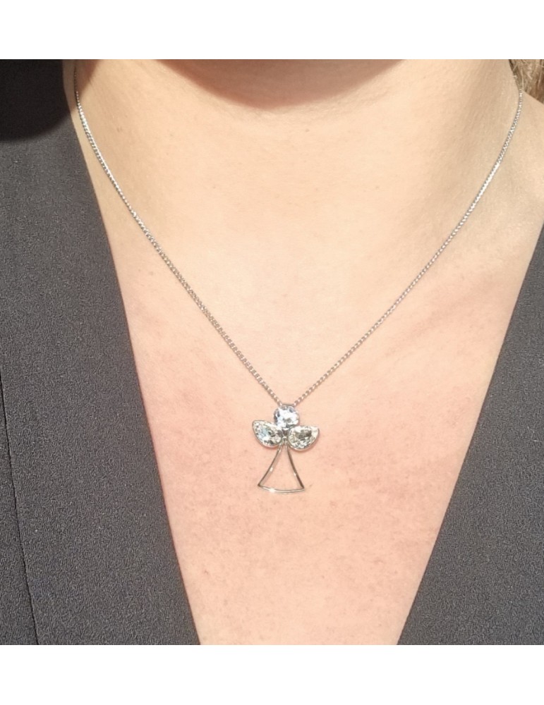 Collier Double Ailes D'ange Avec Cristaux Autrichiens - Plaqué Or Blanc 18 Carats, 32 Pouces