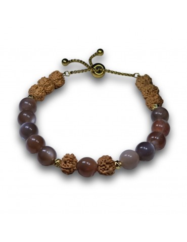 Bracelet ajustable or graine de Rudraksha / Pierre de Lune brune