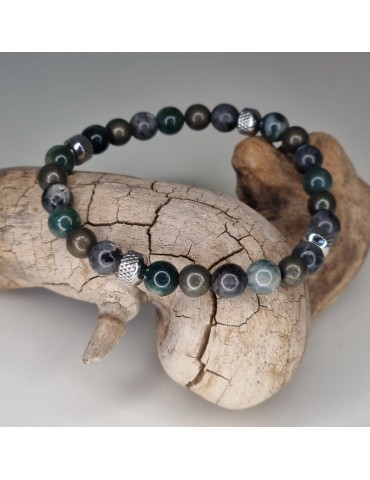 Bracelet homme agate mousse/pyrite/labradorite noir